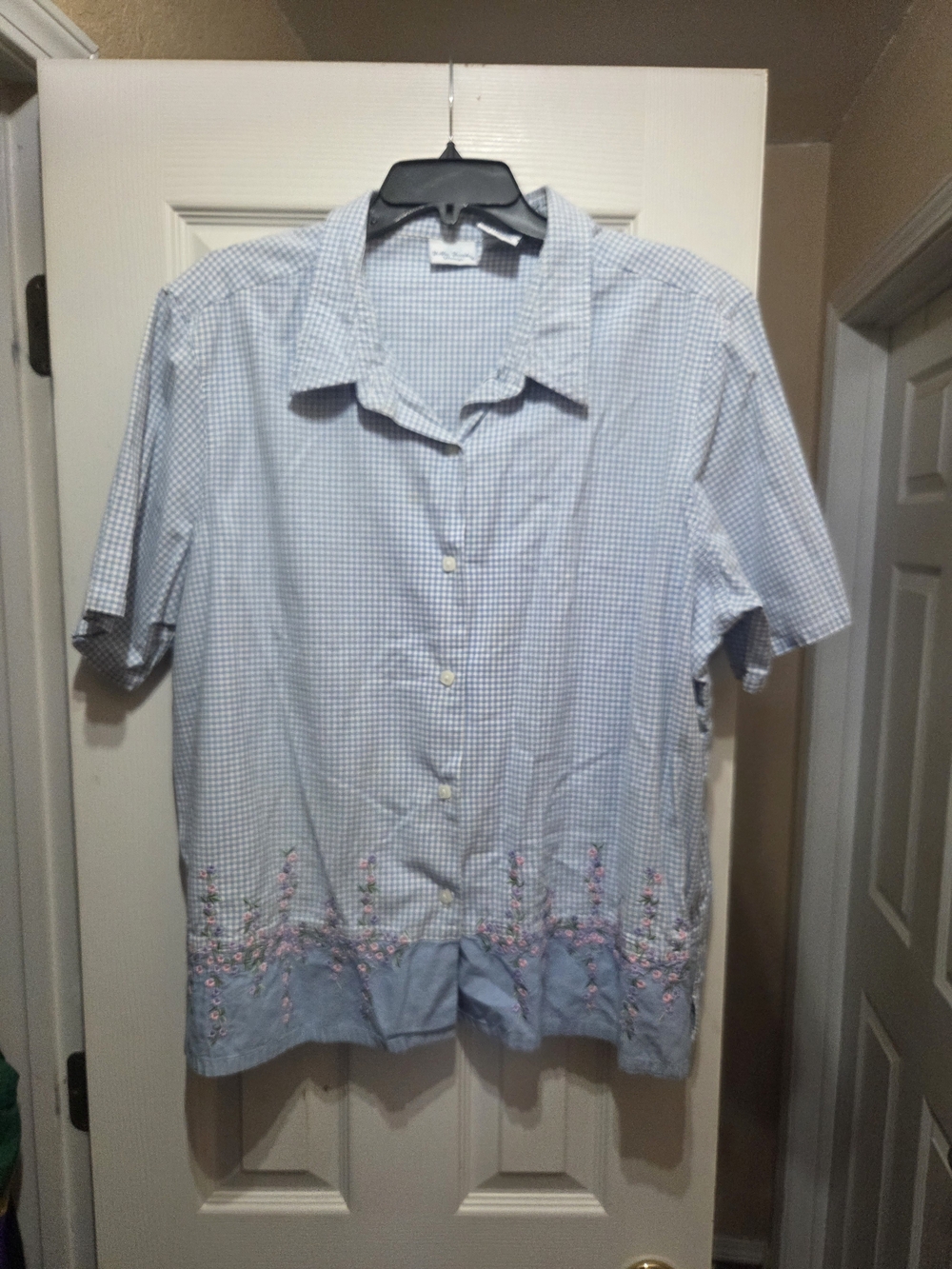 4 for 10,Bobbie Brooks Light Blue Gingham Button-Down Shirt with Embroidered Hem